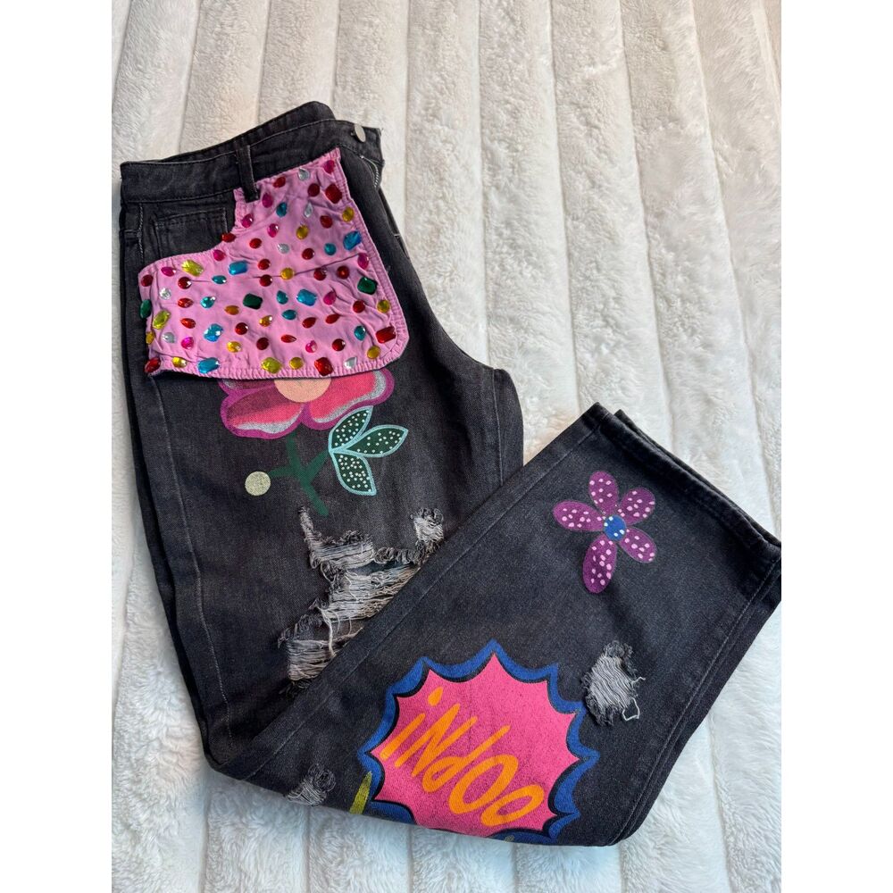 High Waist Wide Leg Rhinestone Flower Horseshoe Ripped Loose Cropped Jeans XL - Picture 2 of 6